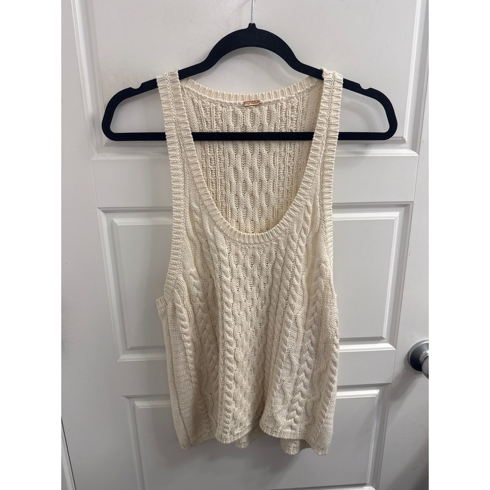 Free People Ivory Cable Knit Sweater 100% Cotton Scoop Neck Sleeveless Top Med
